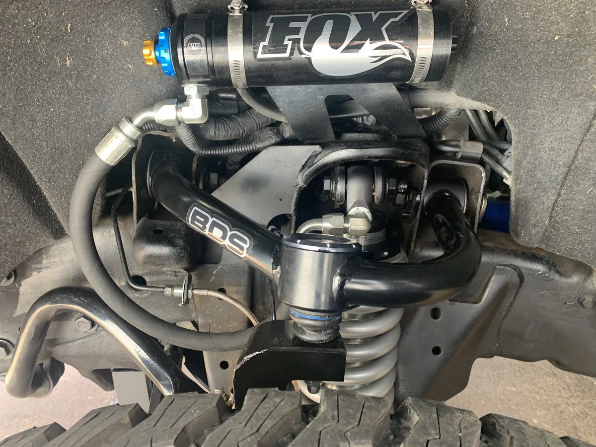 A Fox shock absorber and a BDS control arm fitted at the front of a vehicle.
