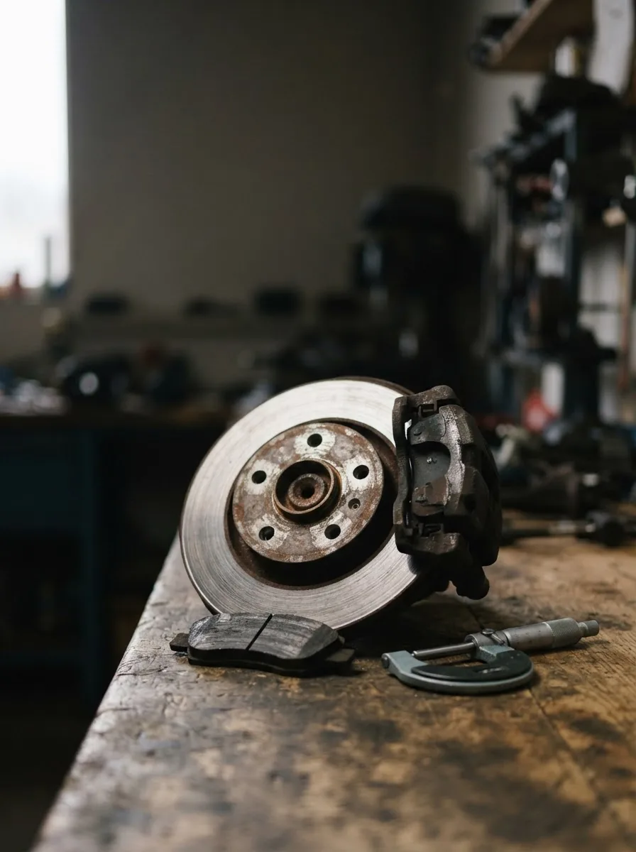A brake disc and open caliper on a vehicle hub with a worn brake pad and a micrometer on the bench beside it.