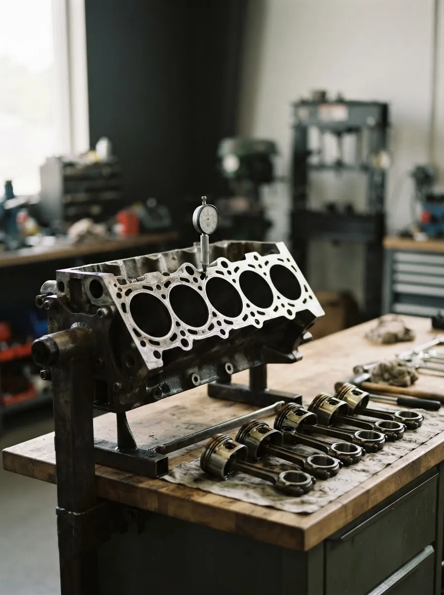 A stripped engine block on a stand with pistons laid out in order on a bench and a bore gauge resting on it.