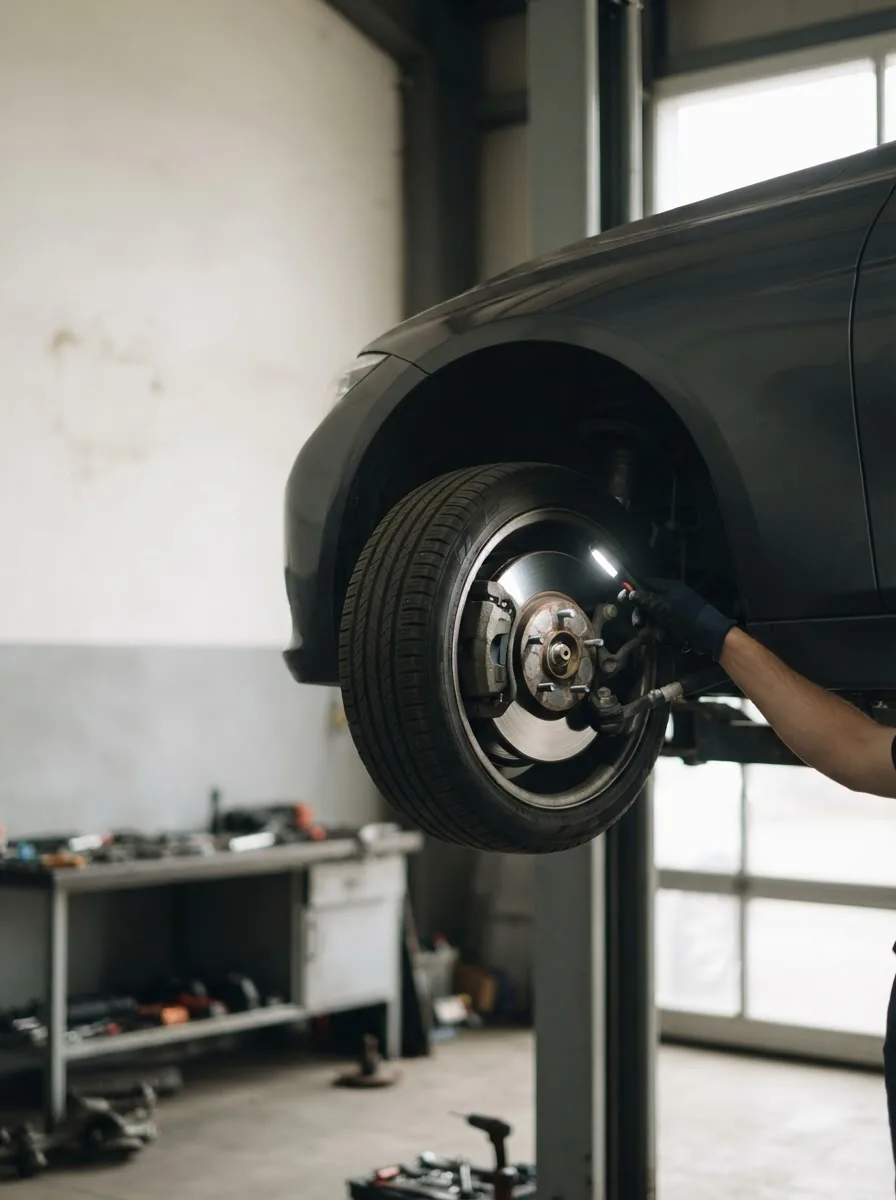 A raised car on a hoist with a hand and torch checking the front brake and steering parts.