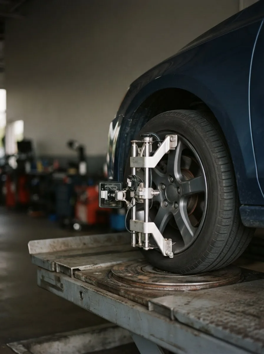 A front wheel on an alignment rack with a measuring sensor clamped to the rim.
